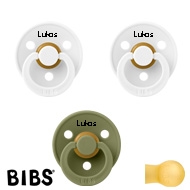 BIBS Colour Sutter med navn str2, 2 White, 1 Olive, Runde latex